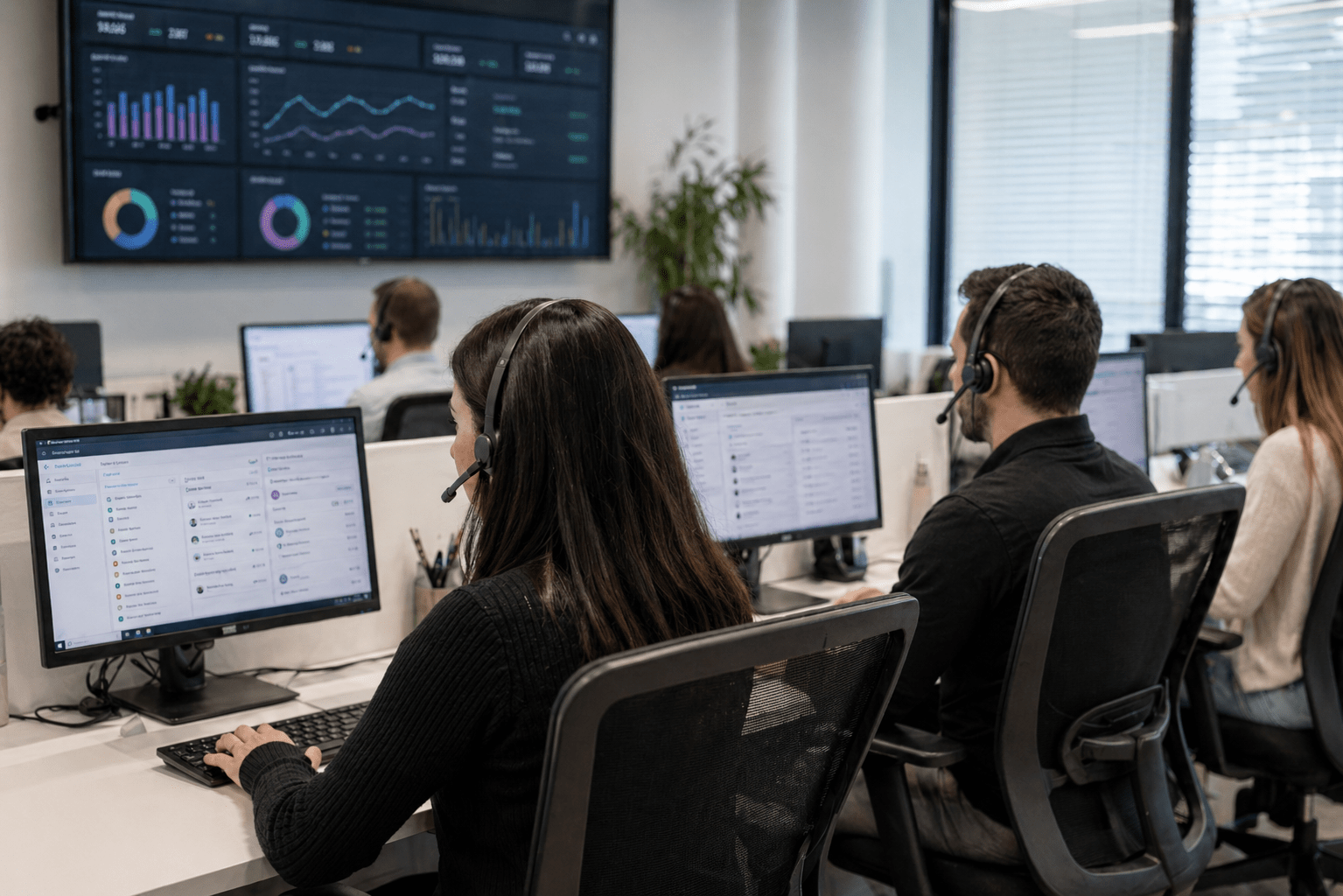 נציגי שירות במוקד טלפוני עסקי עם מערכת קול סנטר לניהול שיחות, תורים ובקרה בזמן אמת.