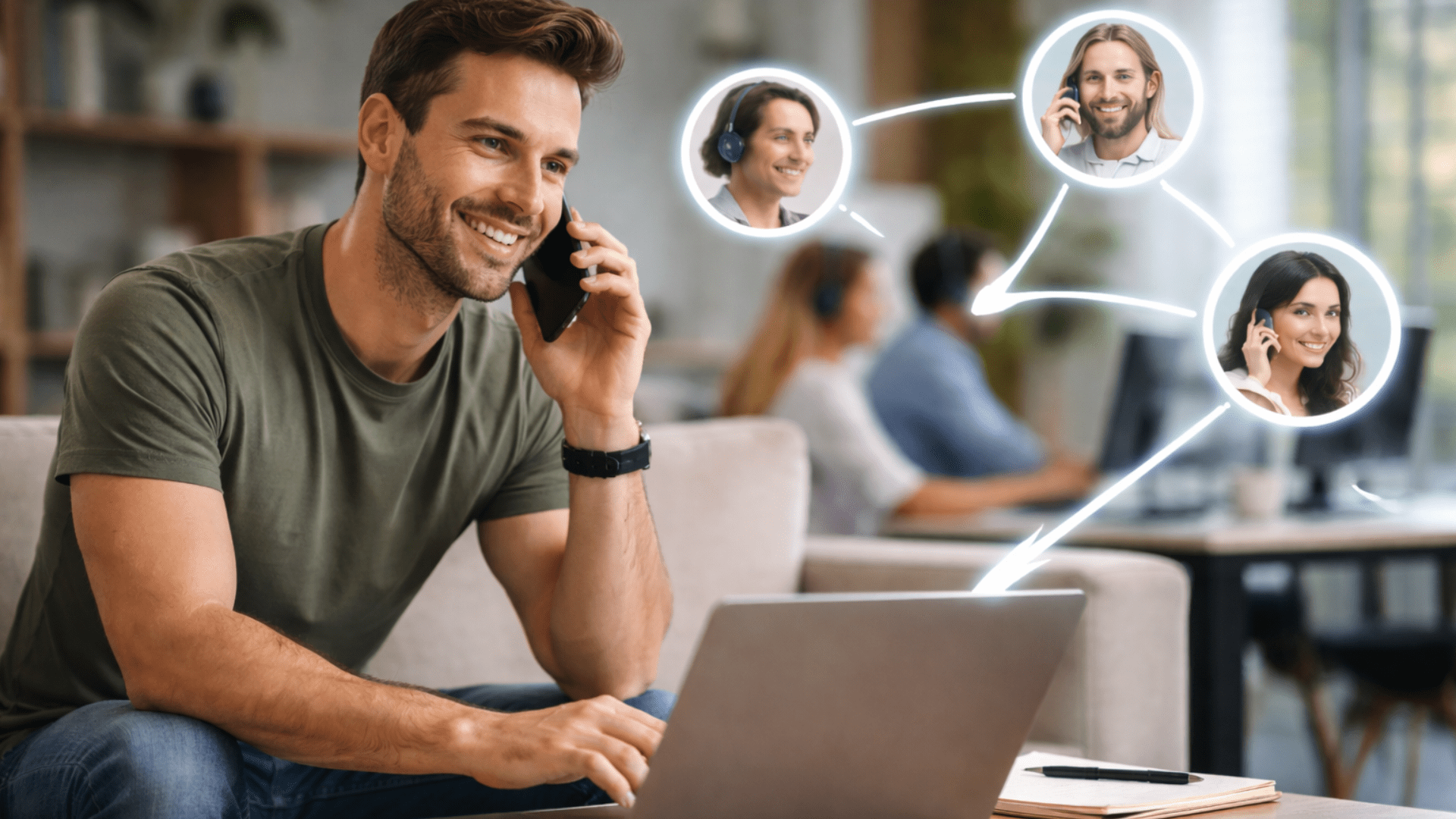 אדם במשרד מדבר בטלפון, מייצג ניתוב שיחות עסקי ומענה קולי חכם